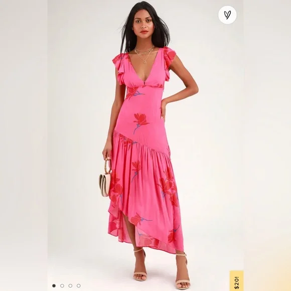 Free People Shes a Waterfall Hot Pink Floral Maxi Dress Size 4